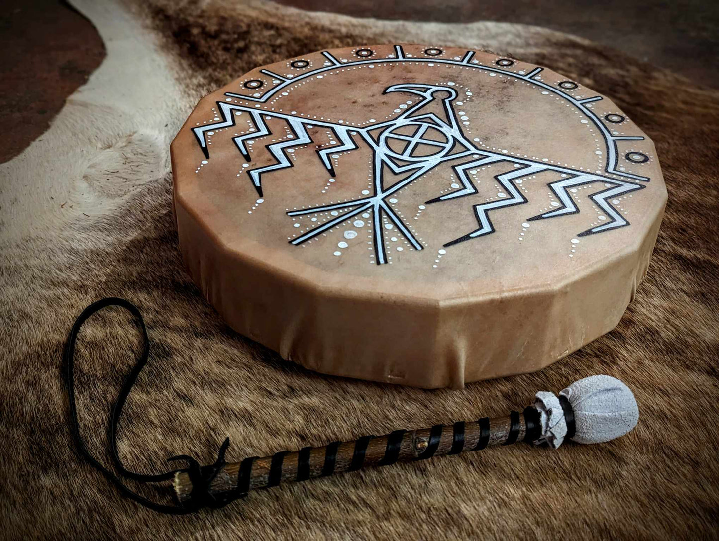 16 Sided 15" Deer Hide Thunderbird Shaman Drum With Beater