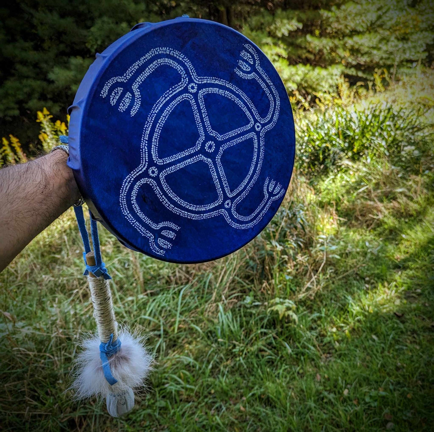 12" Deer Hide Dyed Turning Wheel Drum with Bobcat Fur Beater
