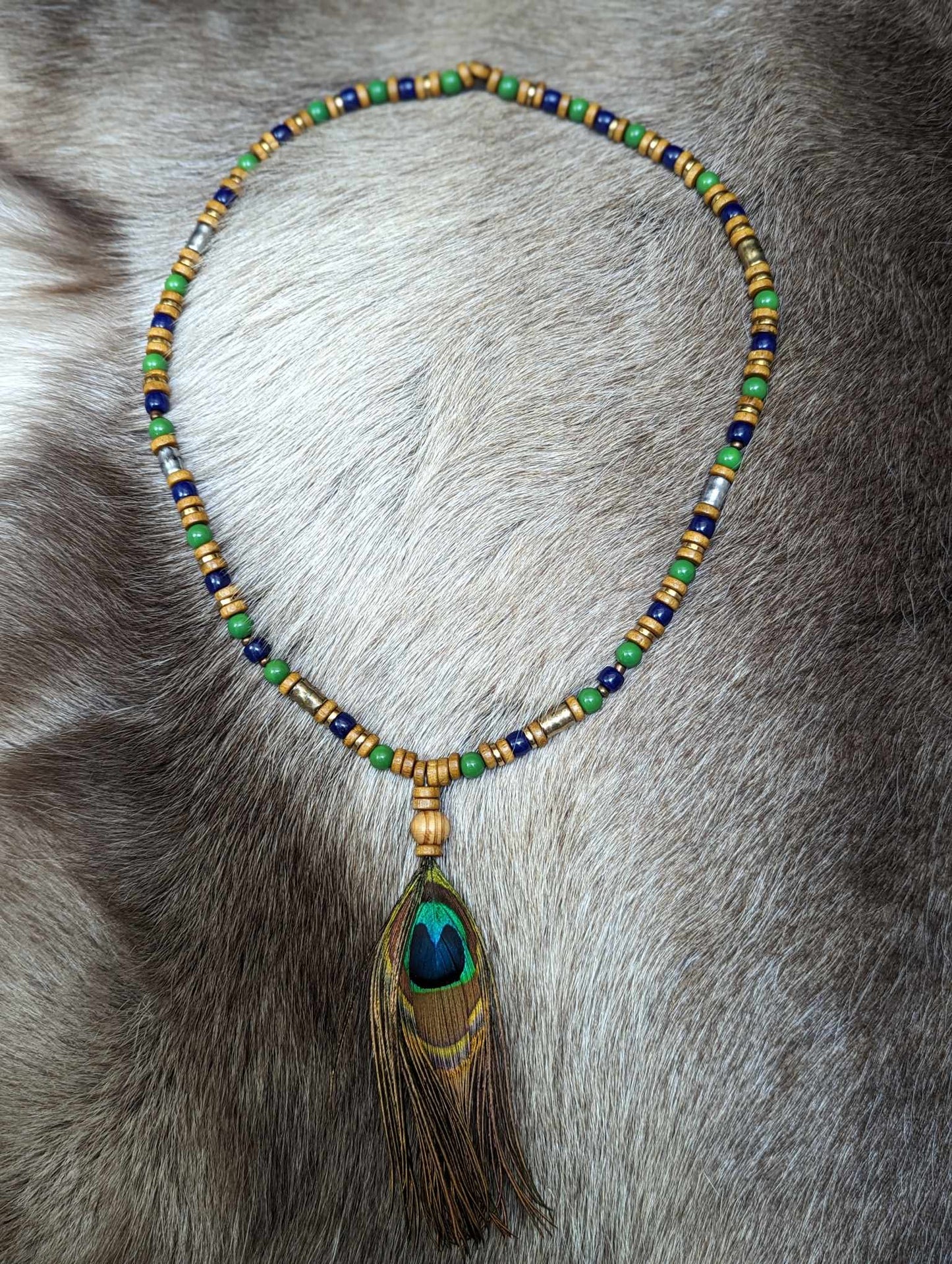 Wood, Green & Blue Glass and Metal Beaded Peacock Feather Necklace