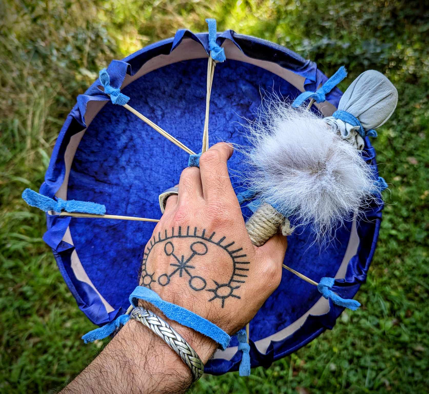 12" Deer Hide Dyed Turning Wheel Drum with Bobcat Fur Beater