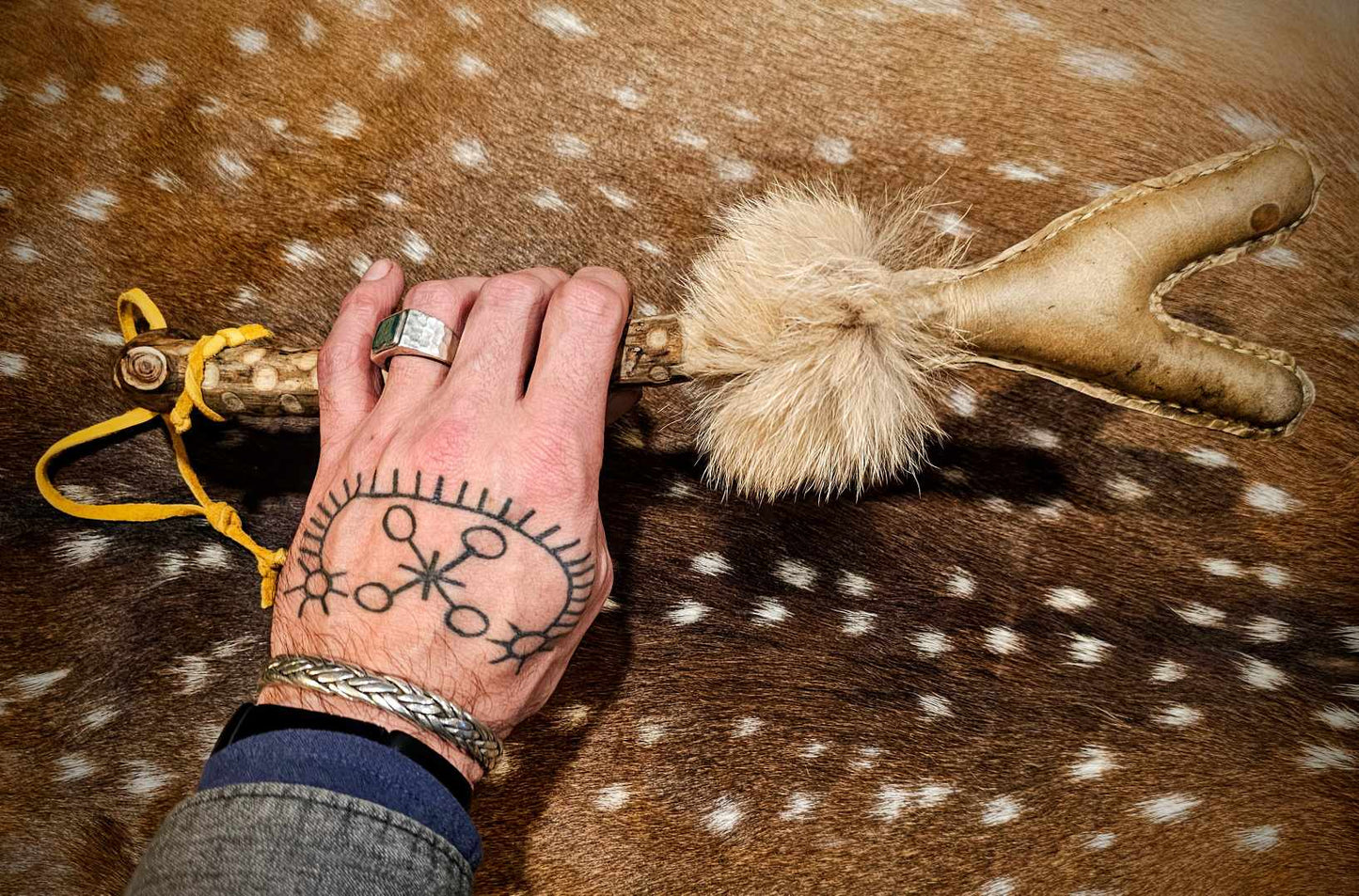Elk Hide Coyote Fur Black Locust and Buckskin Y Shaped Meditation Rattle