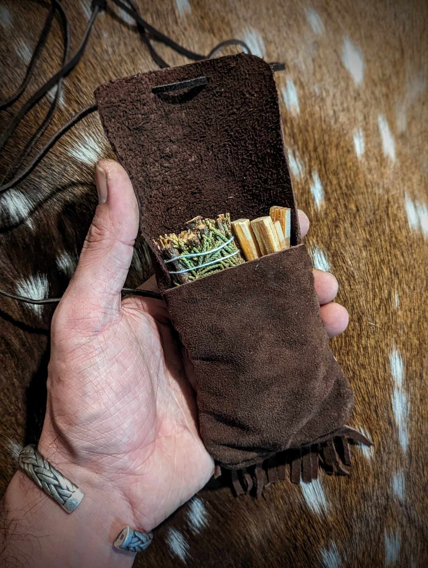 Suede Leather Neck Pouch Medicine Bag With Juniper