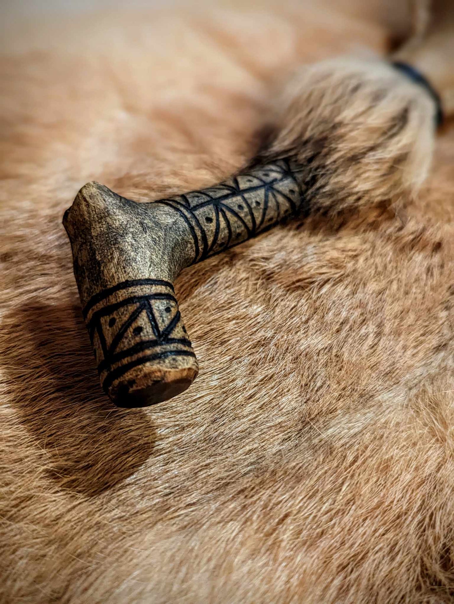 Hand Burned Holly Engraved Deer Hide Coyote Fur Shaman Rattle