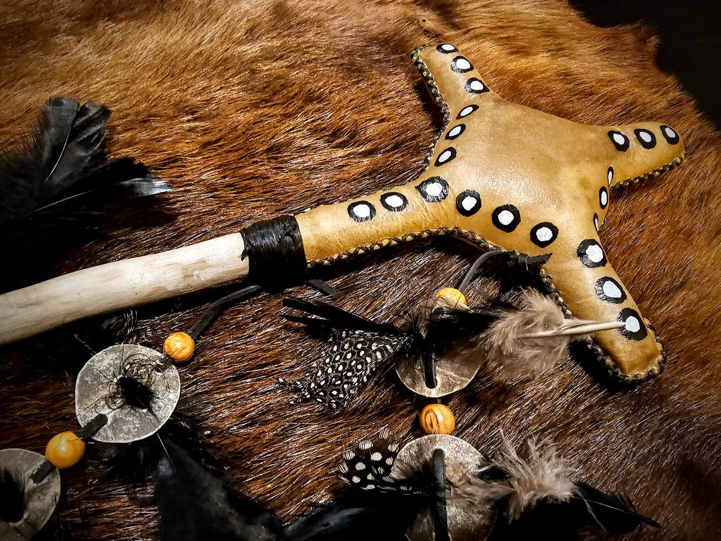 'Four Winds' Elk Skin Medicine Rattle With Spotted Guinea Feathers
