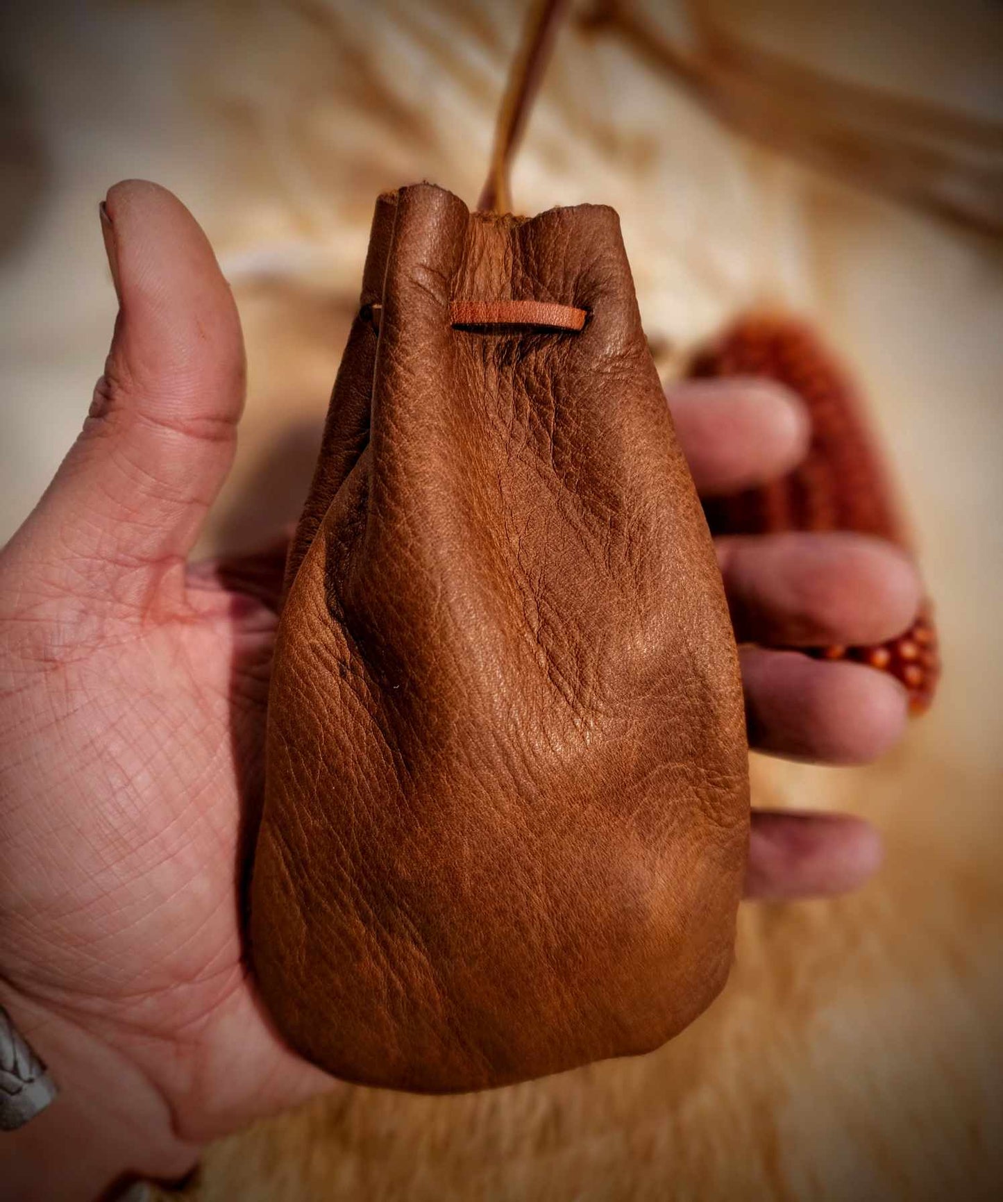 Cowhide Hand Sewn Medicine Bag With Adjustable Cord