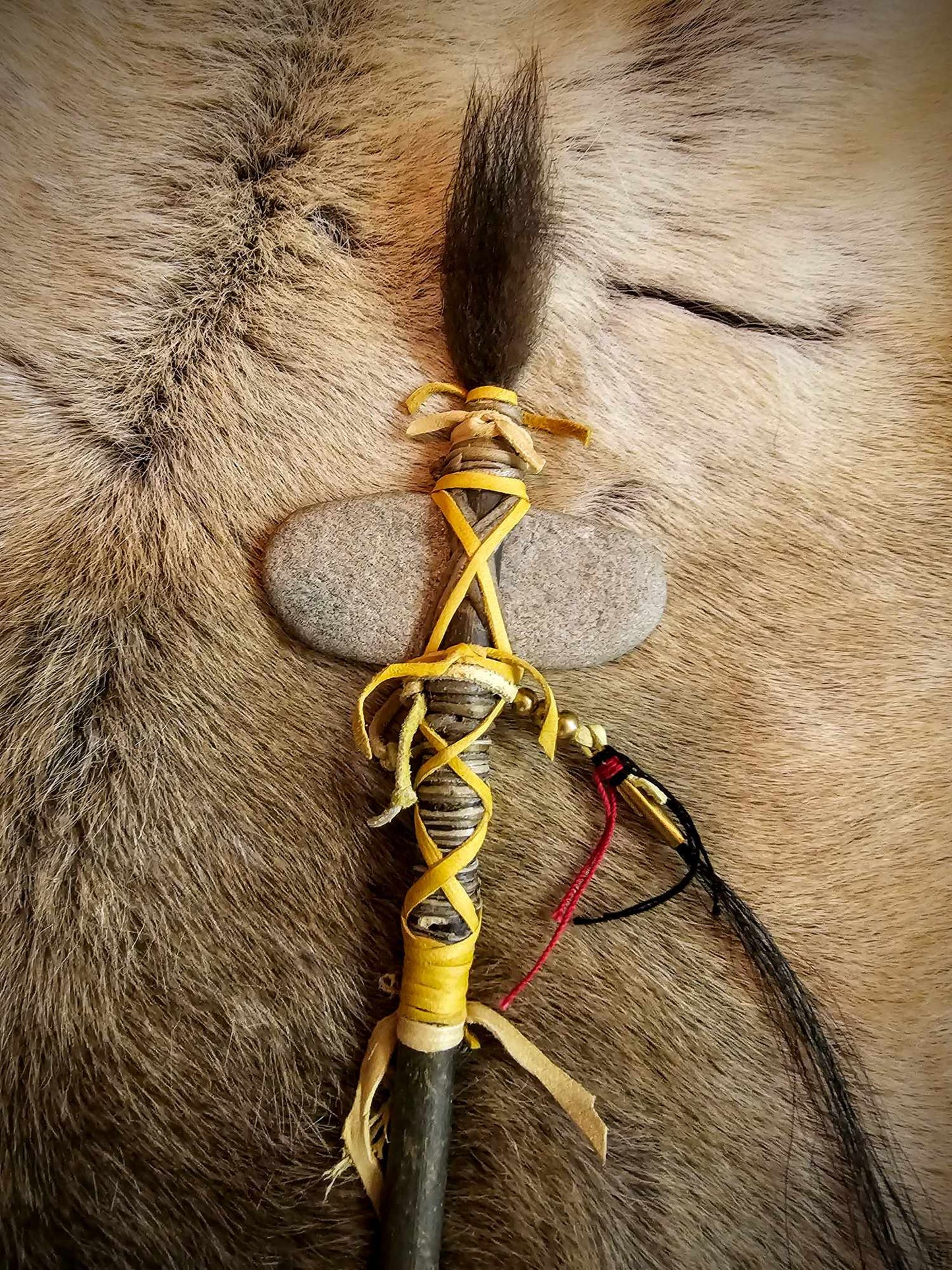 Traditional Ceremonial Stone Club | Bear Hair, Granite, Elk Rawhide, Horse Hair, Brass, Ash Wood Handle