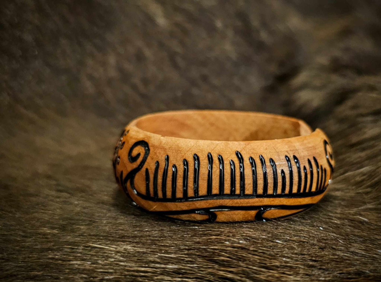Beechwood Hand Burned Petroglyph Viking Ship And Sunwheel Bracelet