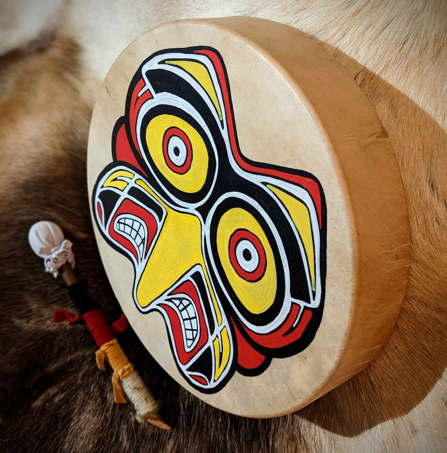 14 Inch Bird Mask Hand Painted Deer Hide Shaman Drum