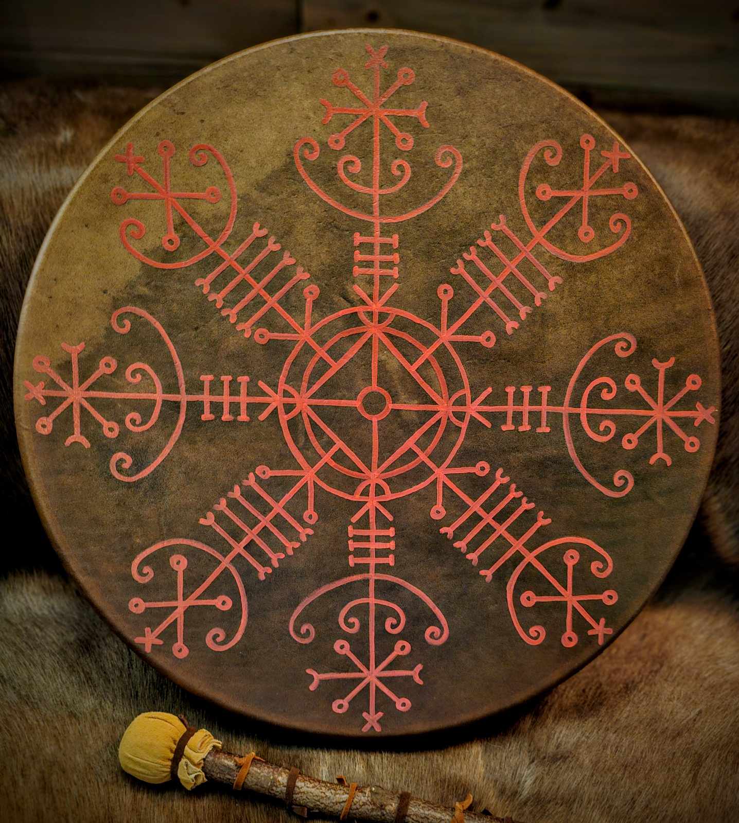 18 Inch Horse Hide Shaman Drum With Hand Painted Spirit Travel Stave