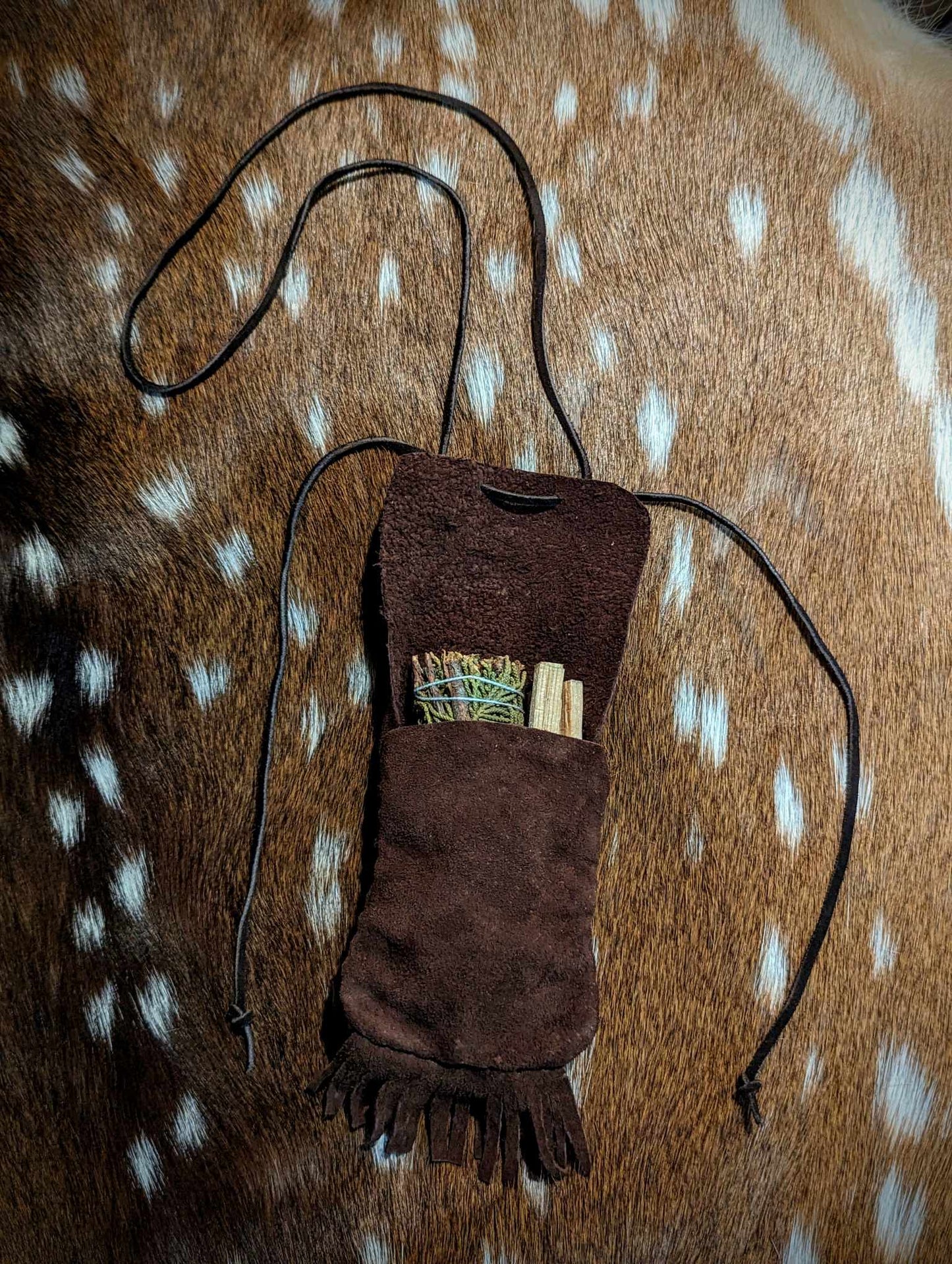 Suede Leather Neck Pouch Medicine Bag With Juniper