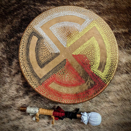 Medicine Wheel Sun Cross 12" Elk Hide Drum With Alder Beater
