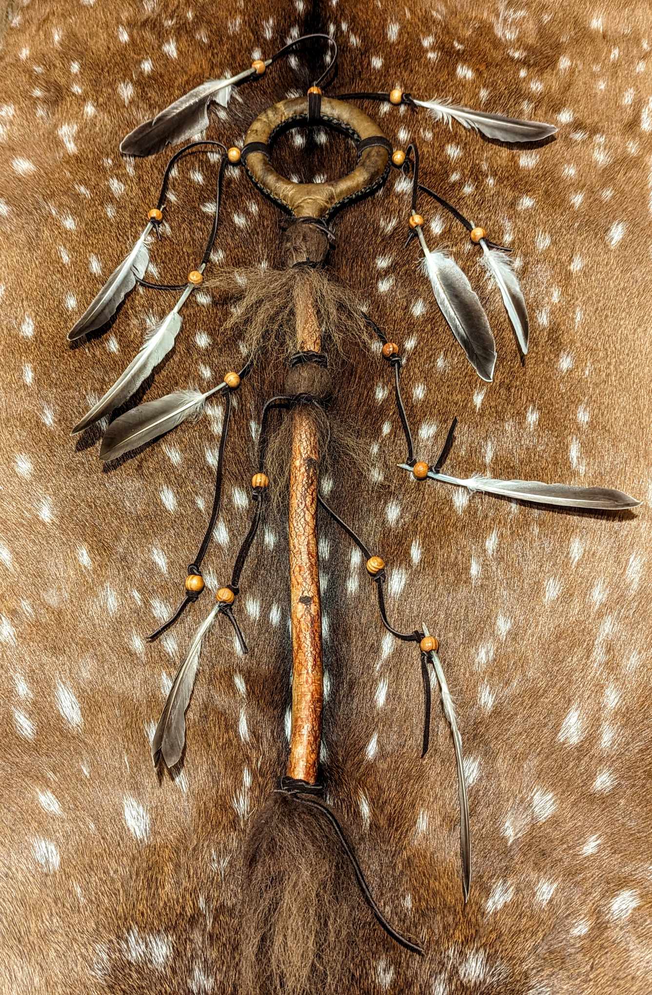 Bison Hide Loop Shaman Rattle Hand Crafted from Birch Wood Duck Feathers and Buffalo Hide | Meditation Rattle | Sound Healing