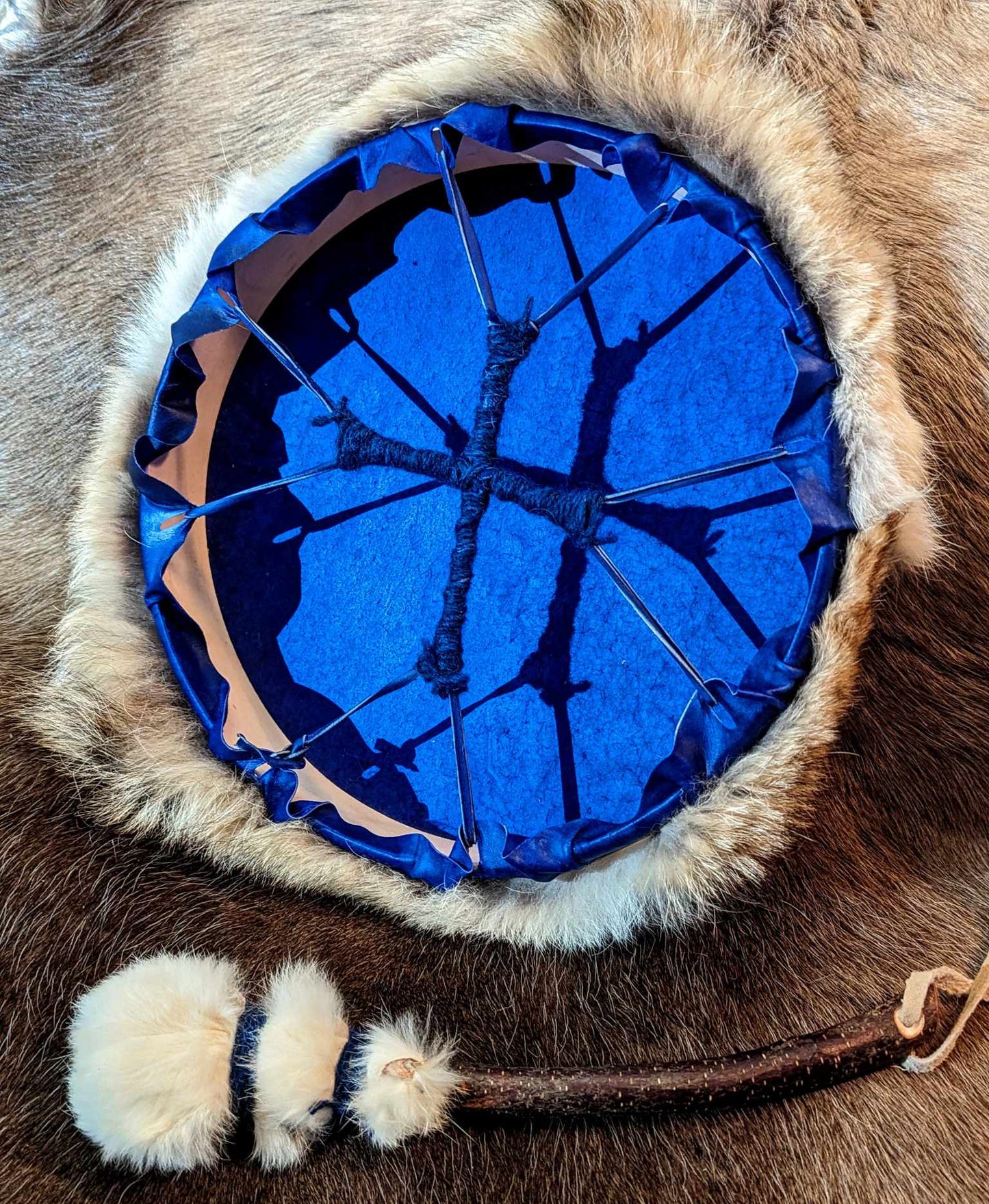 Winter's Ward 12" Deer Hide Drum | Blue Shaman Drum With Coyote Fur and Icelandic Wool