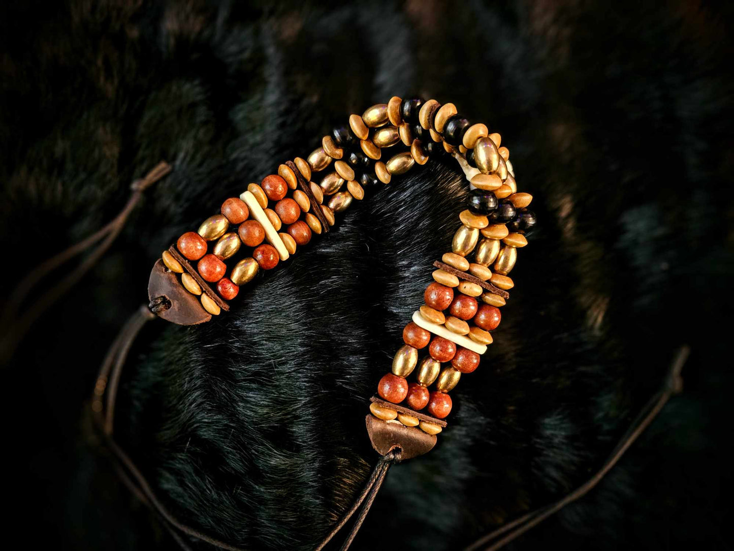 Double Wolf Tooth Beaded Brass, Bone, and Horn Choker Necklace