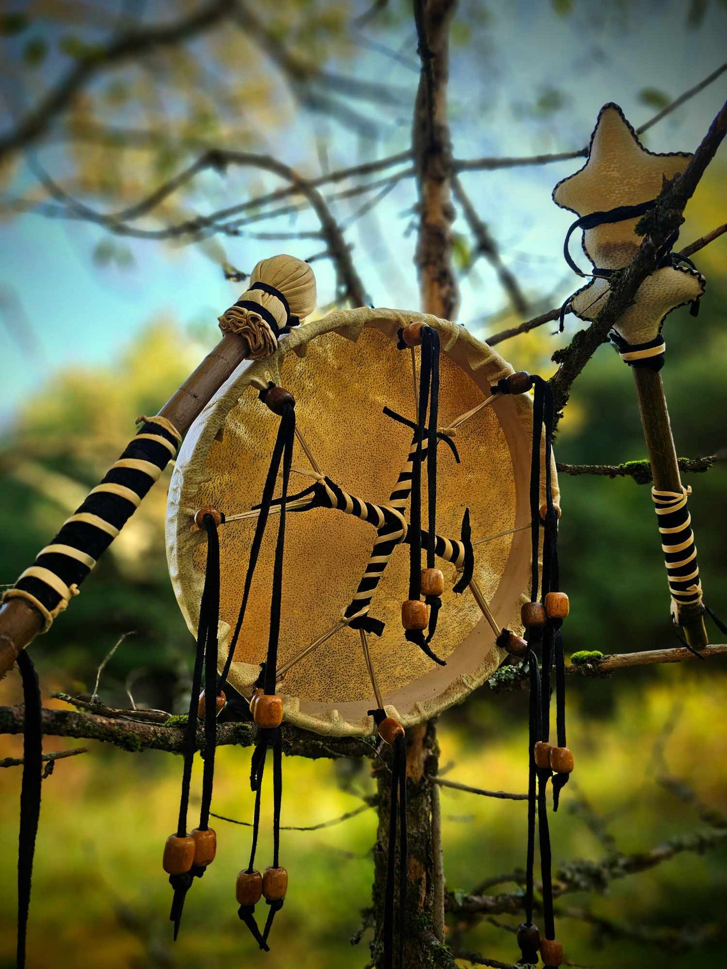 Bear Hide Drum, Beater, and Rattle With Leather Grips