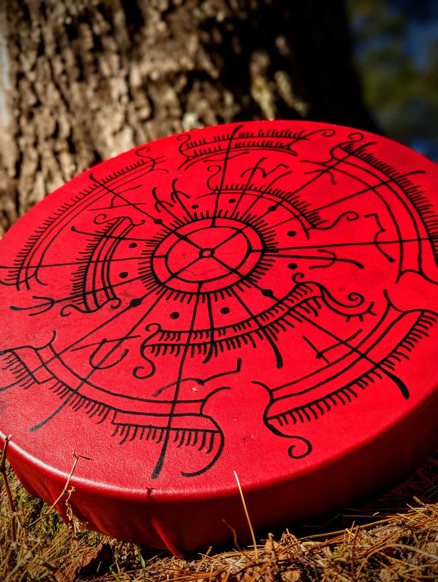 18 Inch Red Deer Hide Shaman Drum | Sailing Under The Blood Moon Hand Painted Viking Ship Art