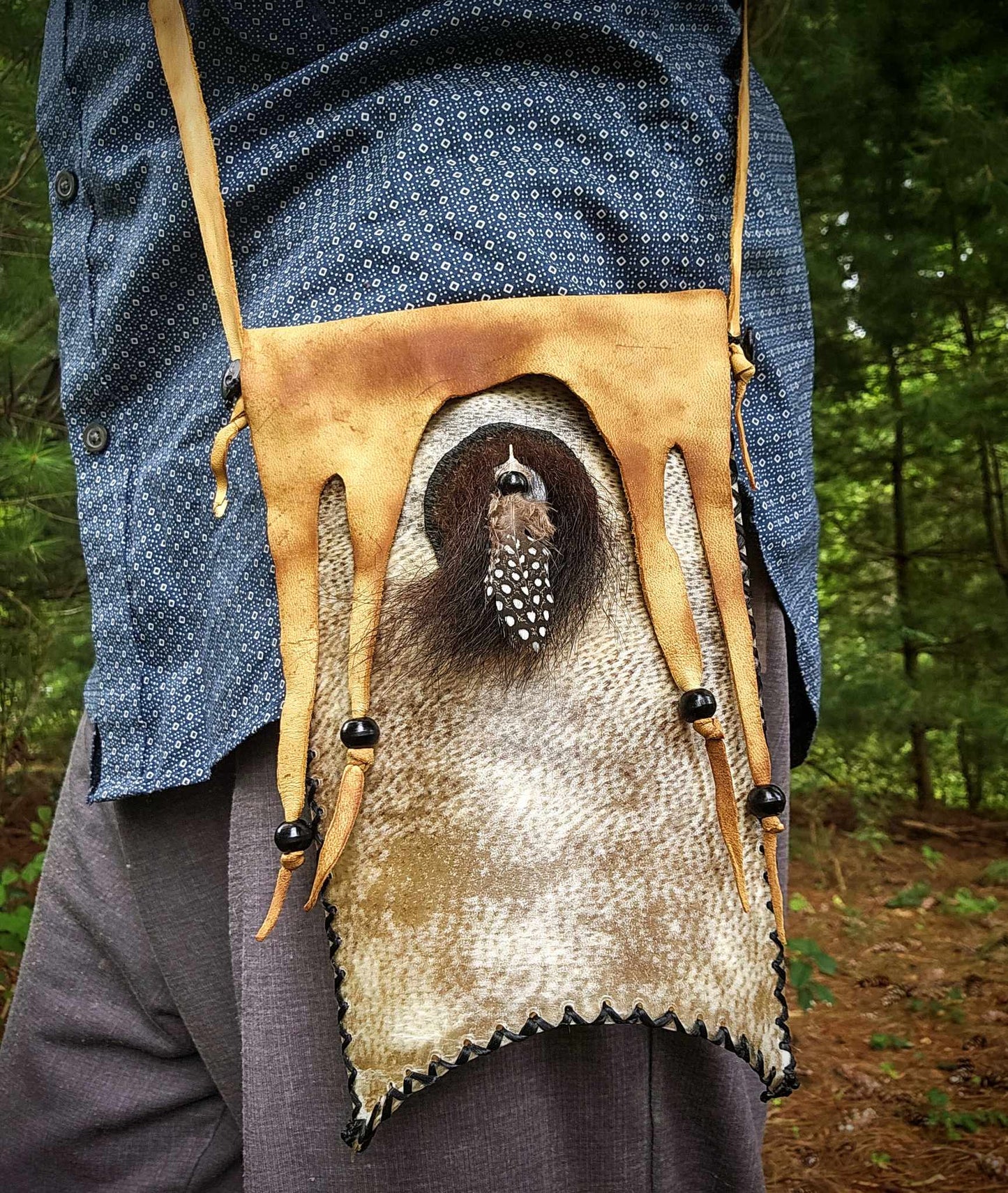 Bear Rawhide Foraging Bag With Buckskin Flap and Buffalo Horn