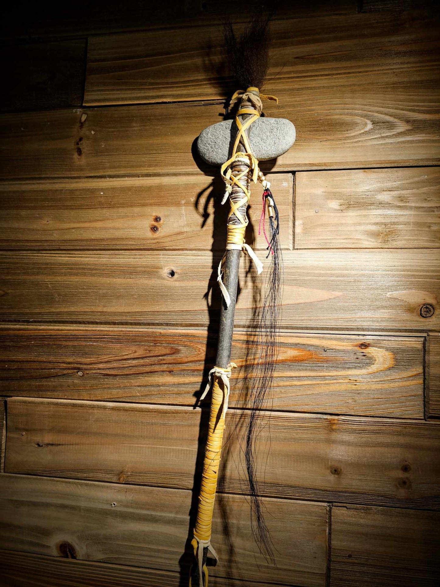 Traditional Ceremonial Stone Club | Bear Hair, Granite, Elk Rawhide, Horse Hair, Brass, Ash Wood Handle