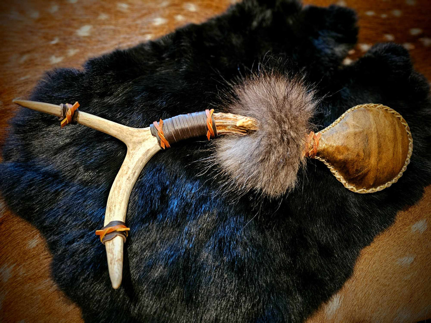 Antler Shed Bison Hide Wolf Fur Rattle