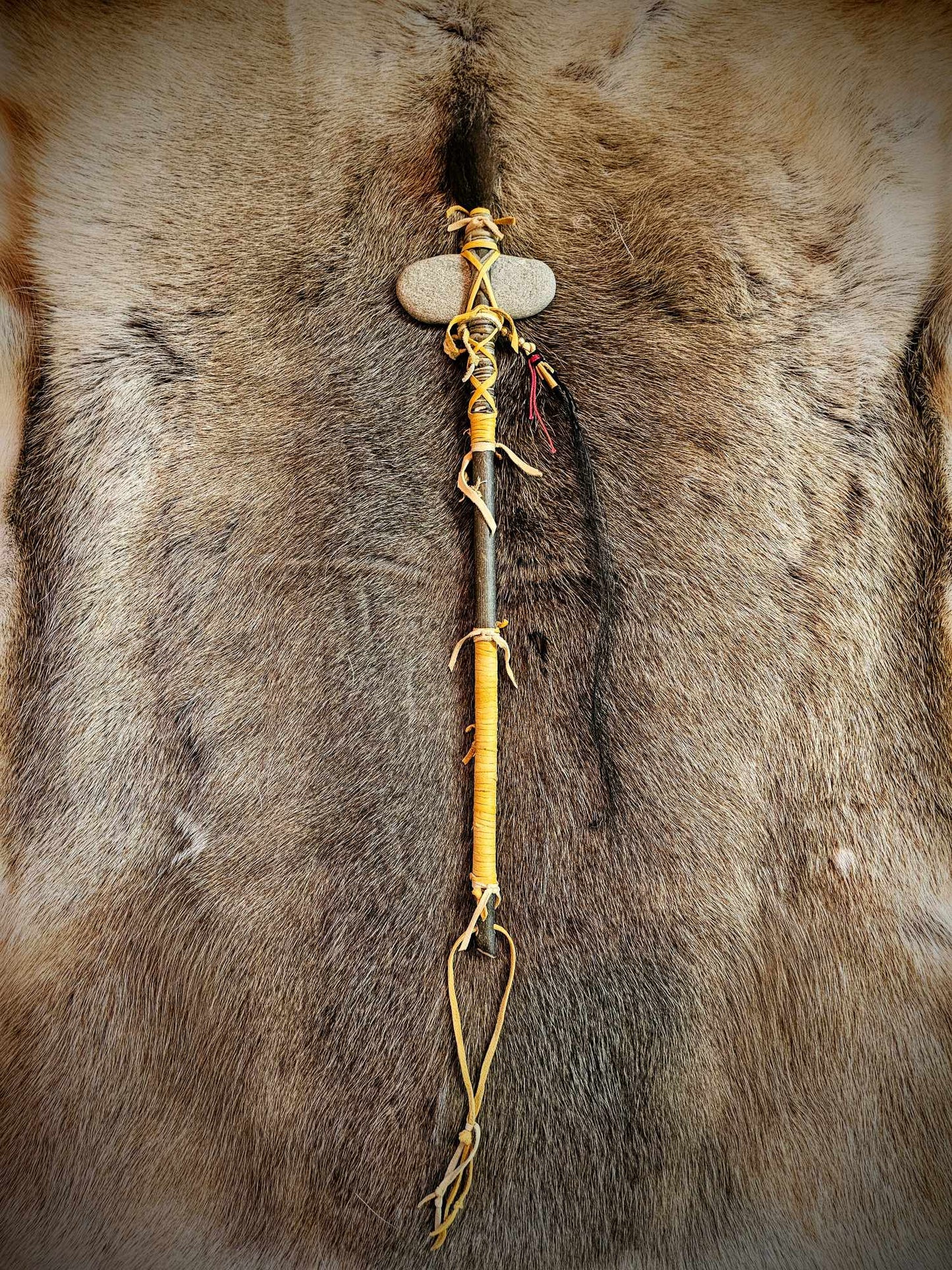 Traditional Ceremonial Stone Club | Bear Hair, Granite, Elk Rawhide, Horse Hair, Brass, Ash Wood Handle