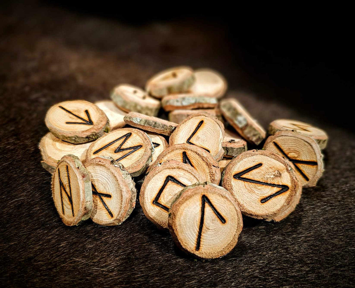 Set of 24 Chestnut Elder Futhark Runes Hand Cut and Burned Natural Wood Runes