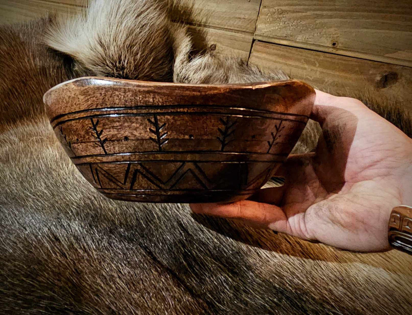 Hand Burned Wood Mountain Landscape Bowl