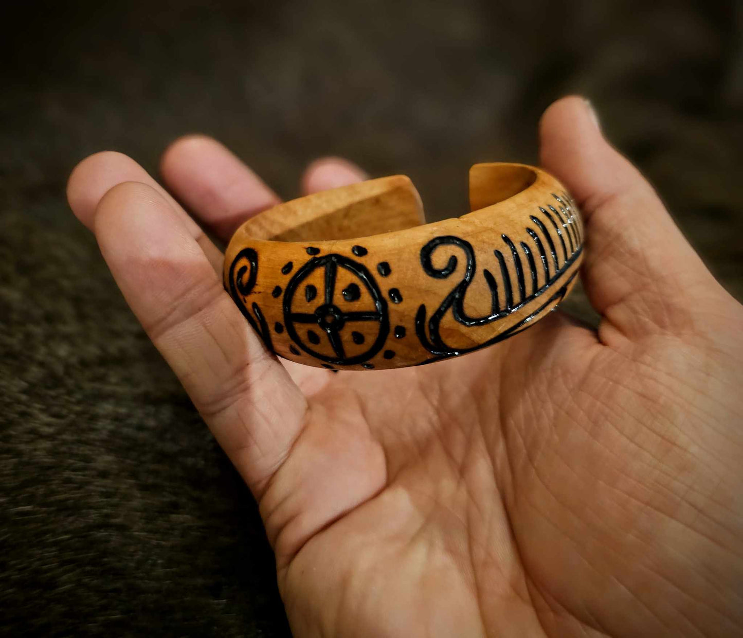 Beechwood Hand Burned Petroglyph Viking Ship And Sunwheel Bracelet