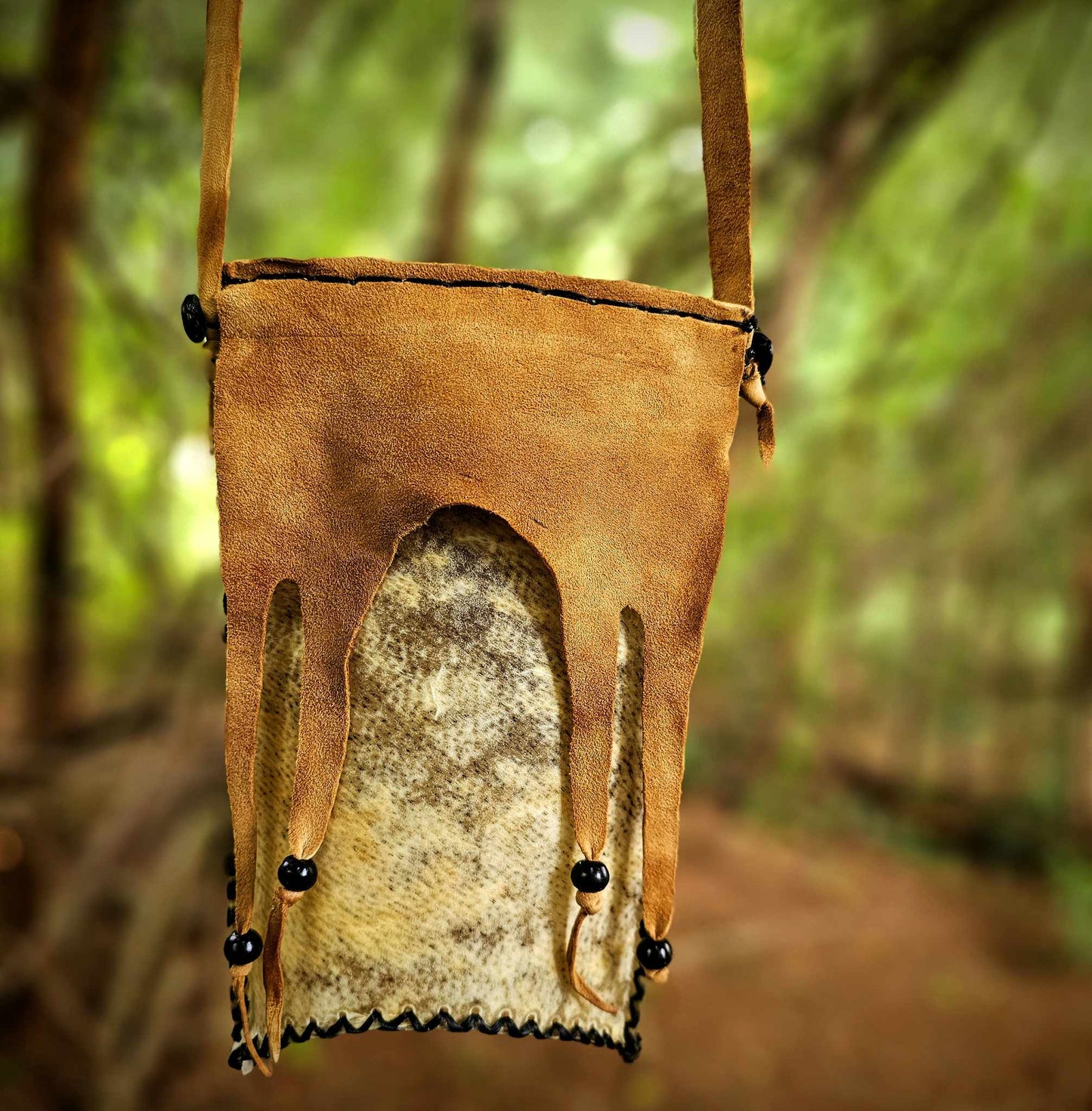 Bear Rawhide Foraging Bag With Buckskin Flap and Buffalo Horn