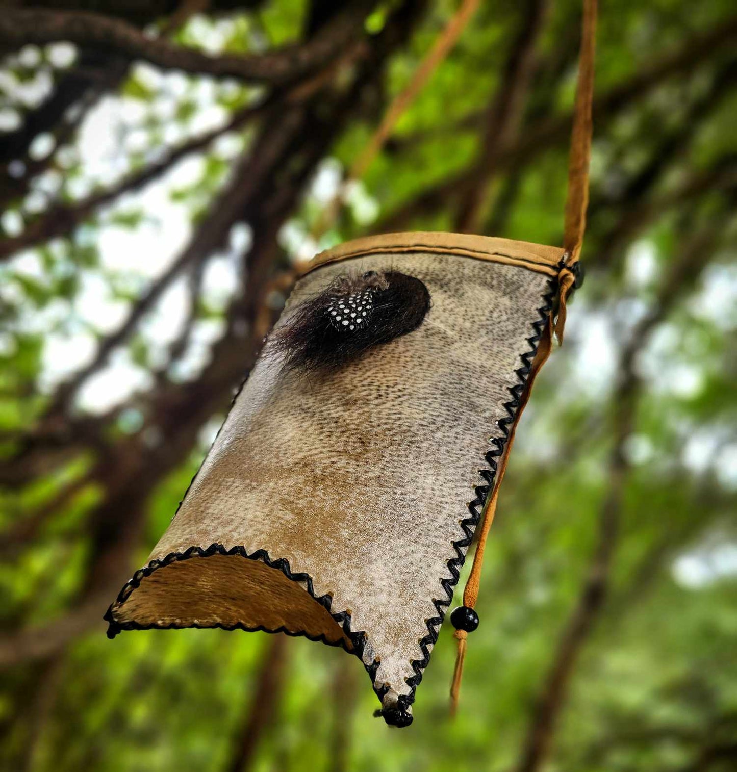 Bear Rawhide Foraging Bag With Buckskin Flap and Buffalo Horn