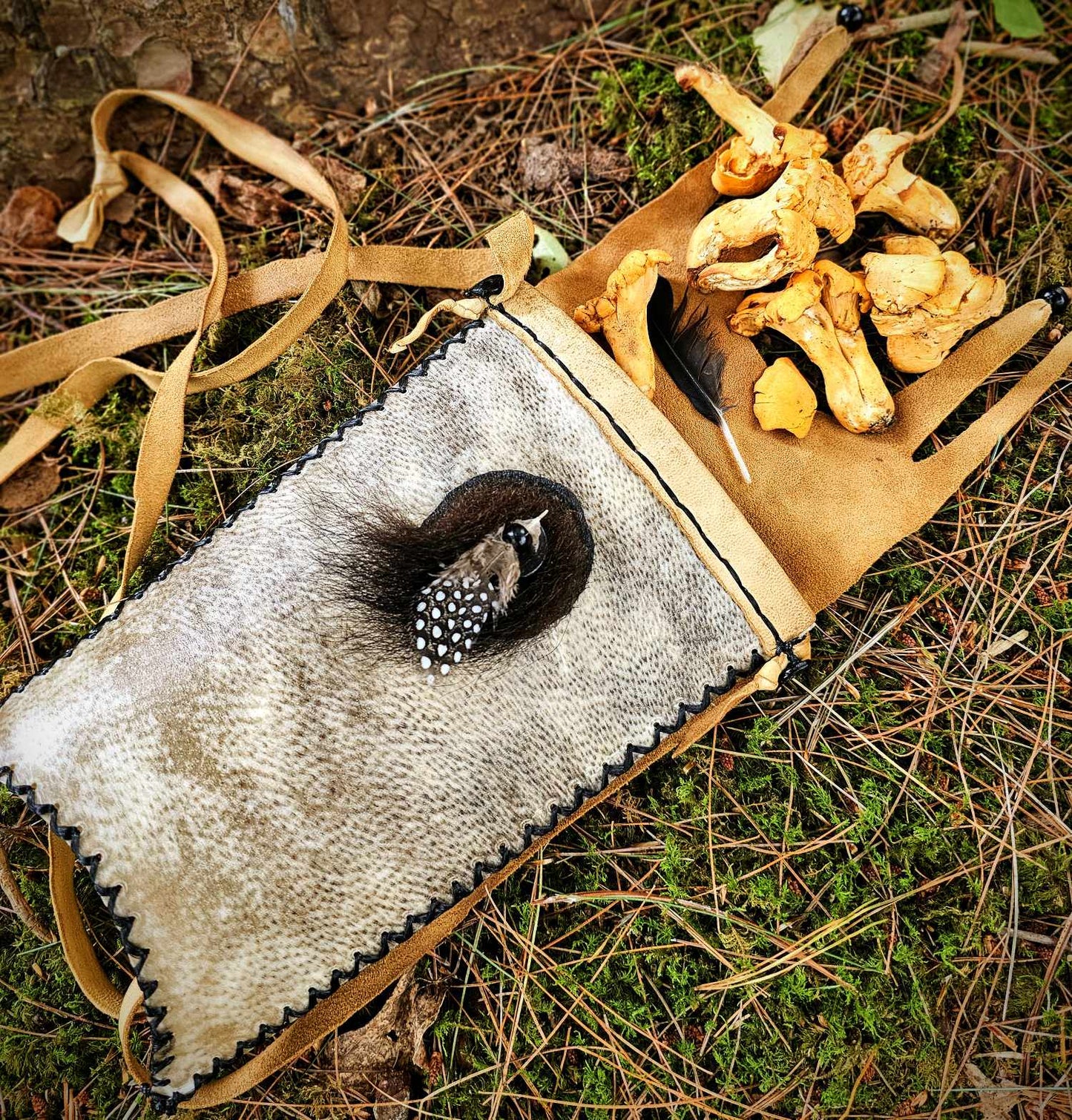 Bear Rawhide Foraging Bag With Buckskin Flap and Buffalo Horn