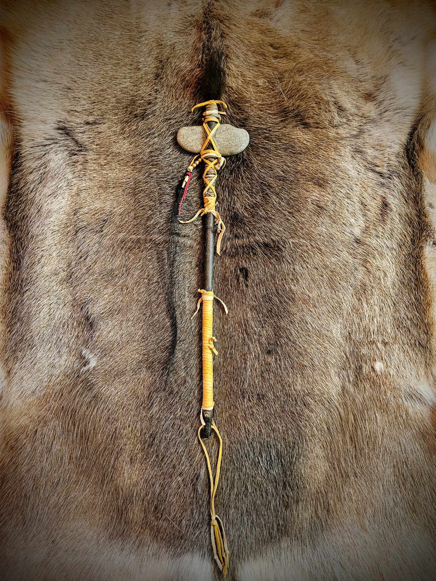 Traditional Ceremonial Stone Club | Bear Hair, Granite, Elk Rawhide, Horse Hair, Brass, Ash Wood Handle