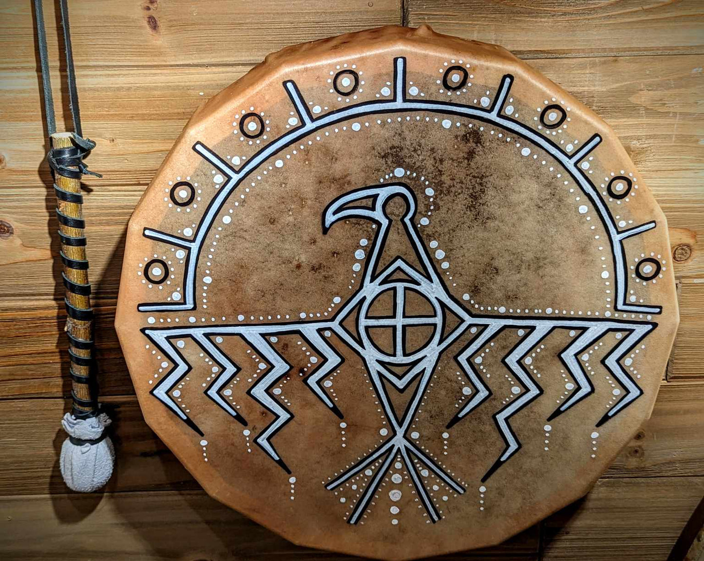 16 Sided 15" Deer Hide Thunderbird Shaman Drum With Beater