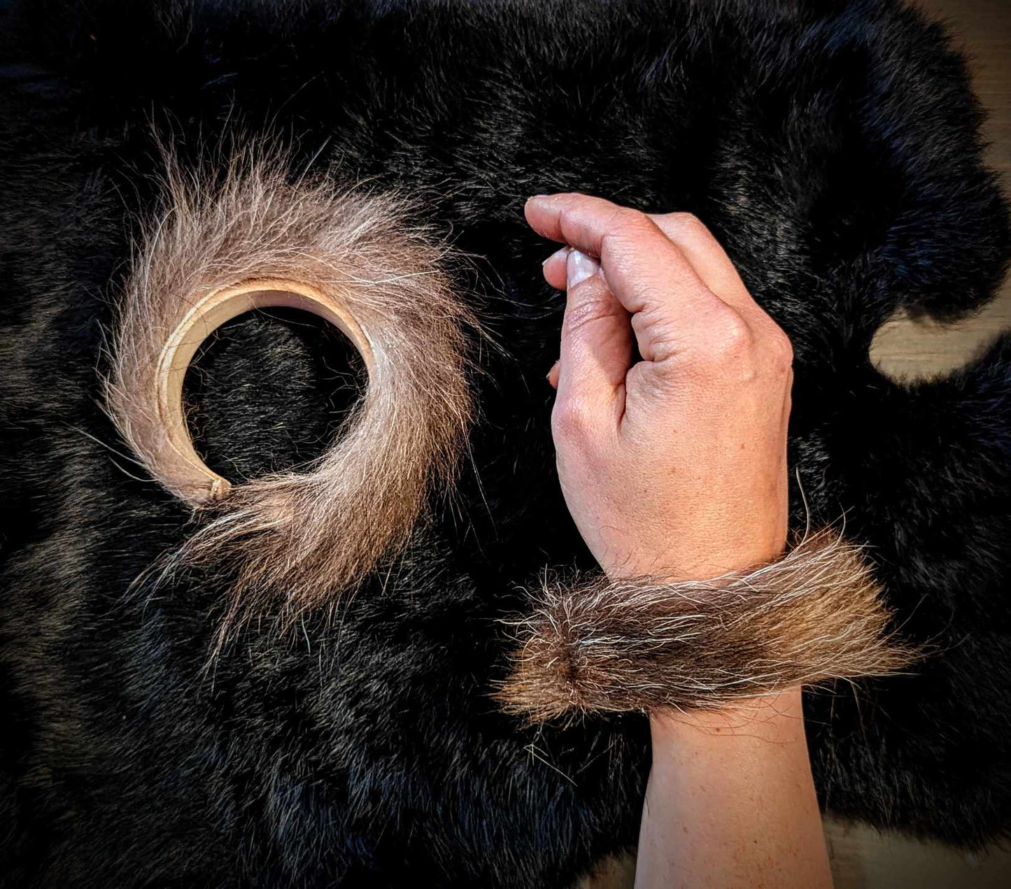 Wolf Fur And Wood Bangle Cuffs