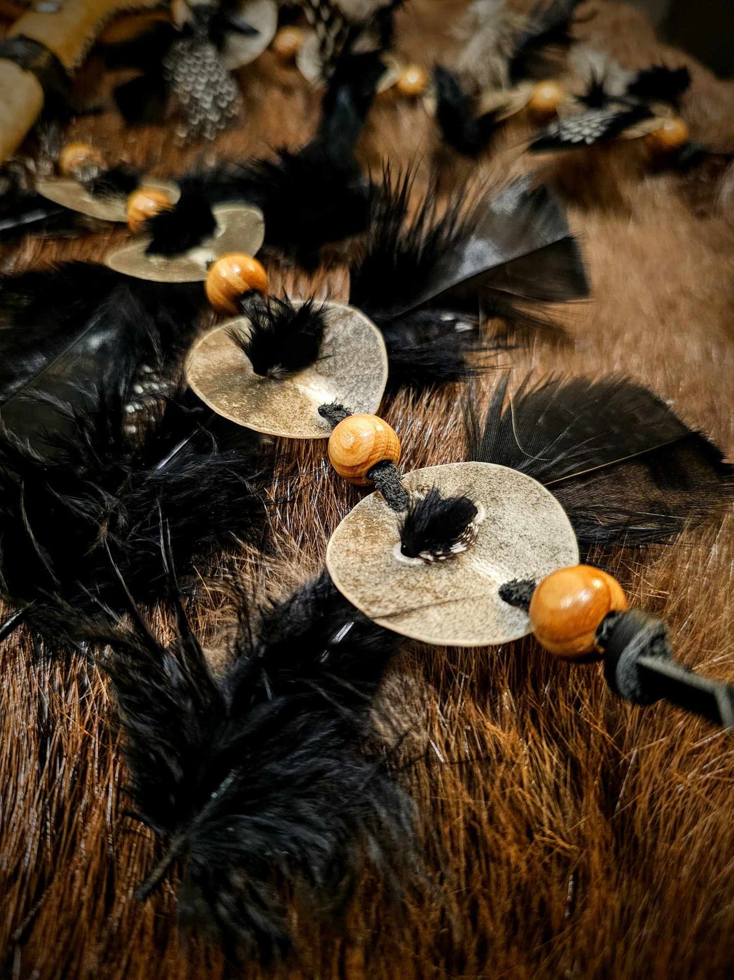 'Four Winds' Elk Skin Medicine Rattle With Spotted Guinea Feathers