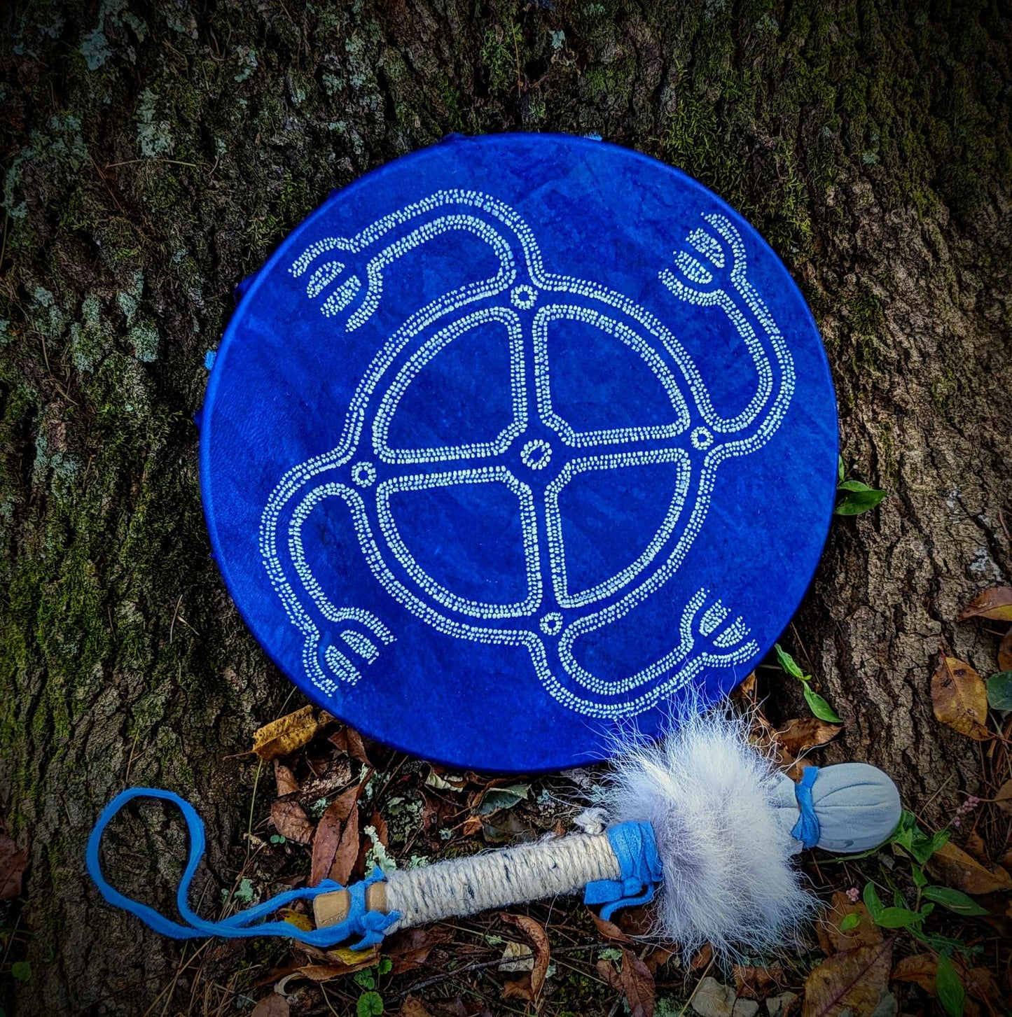 12" Deer Hide Dyed Turning Wheel Drum with Bobcat Fur Beater