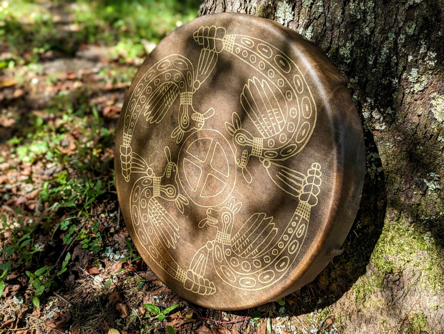 18" Bison Hide Drum | Hand Painted Gold Sunwheel Winged Serpent