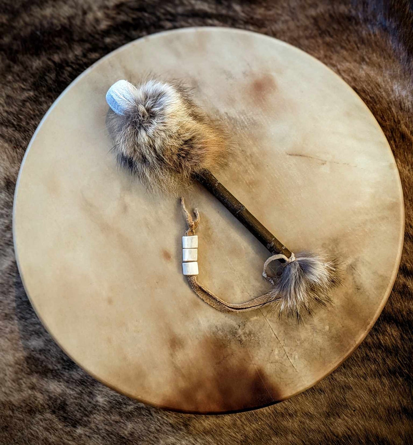 20 Inch Natural Deer Hide Drum With Coyote Fur and Deer Bone Beater