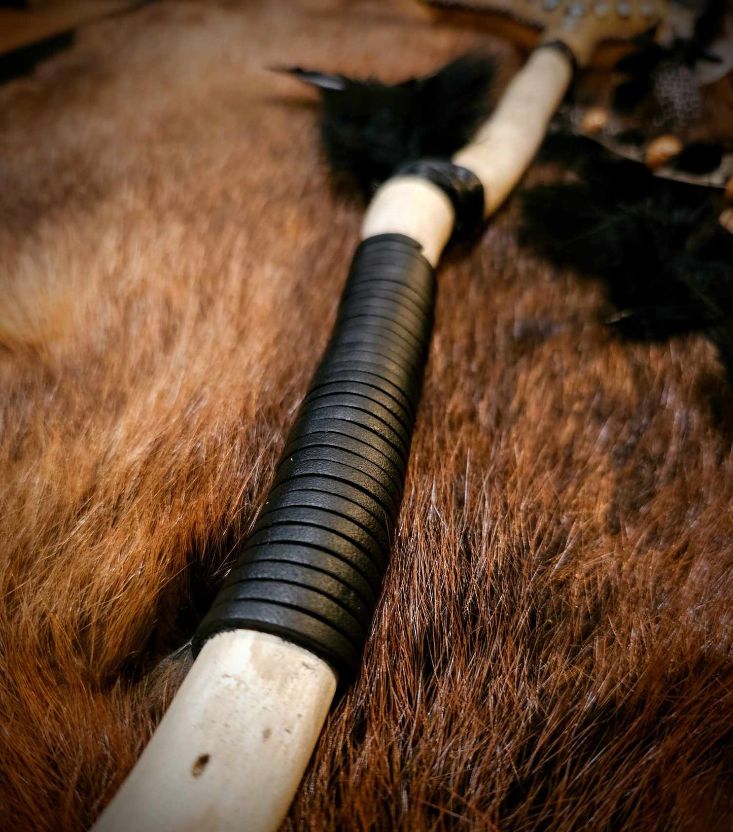 'Four Winds' Elk Skin Medicine Rattle With Spotted Guinea Feathers