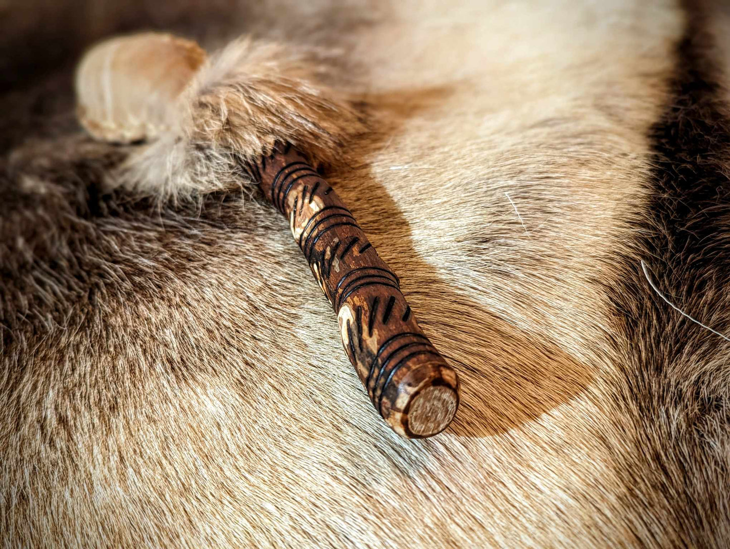 Hand Burned Engraved Deer Hide Coyote Fur Shaman Rattle