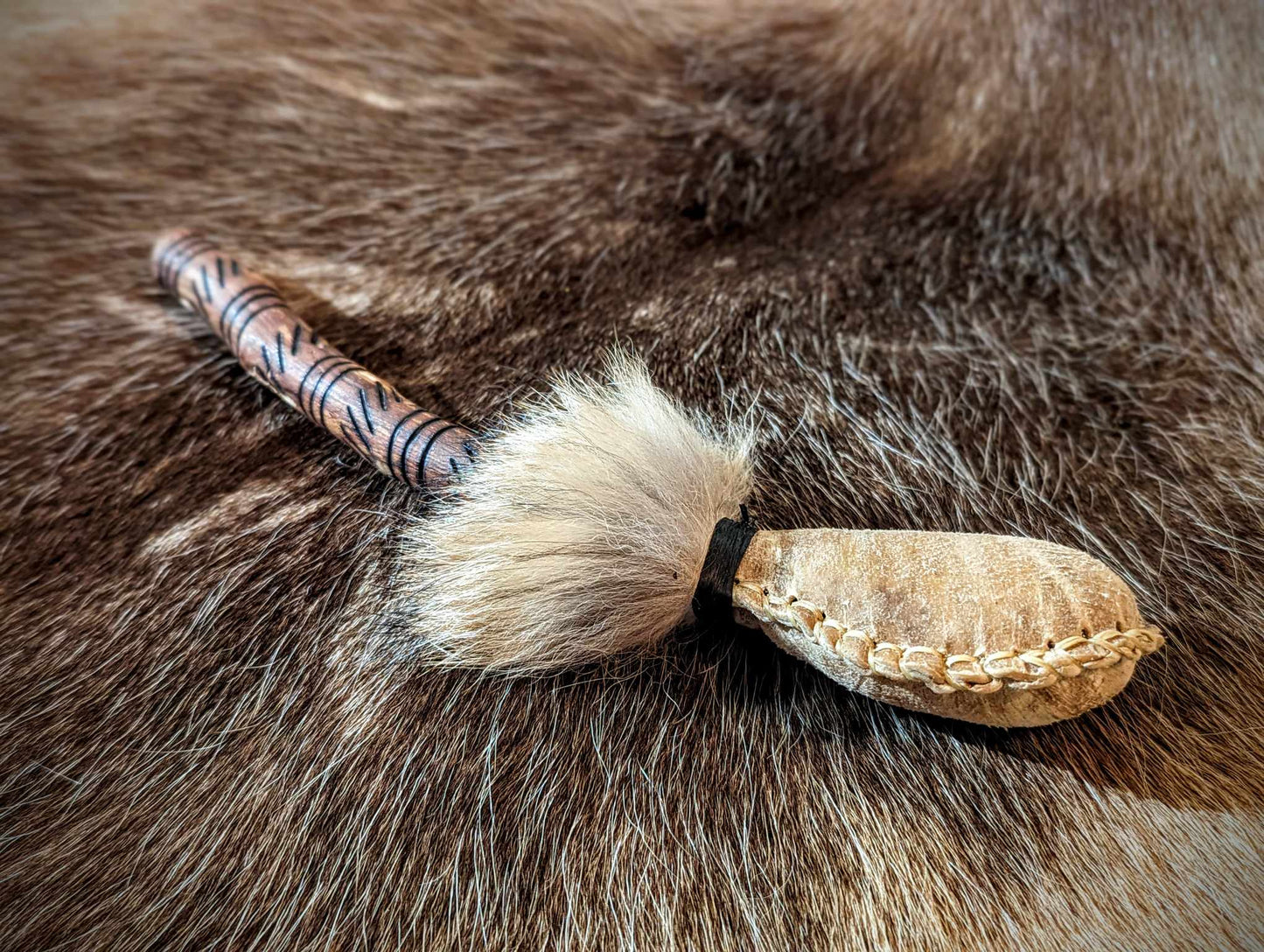 Hand Burned Engraved Deer Hide Coyote Fur Shaman Rattle