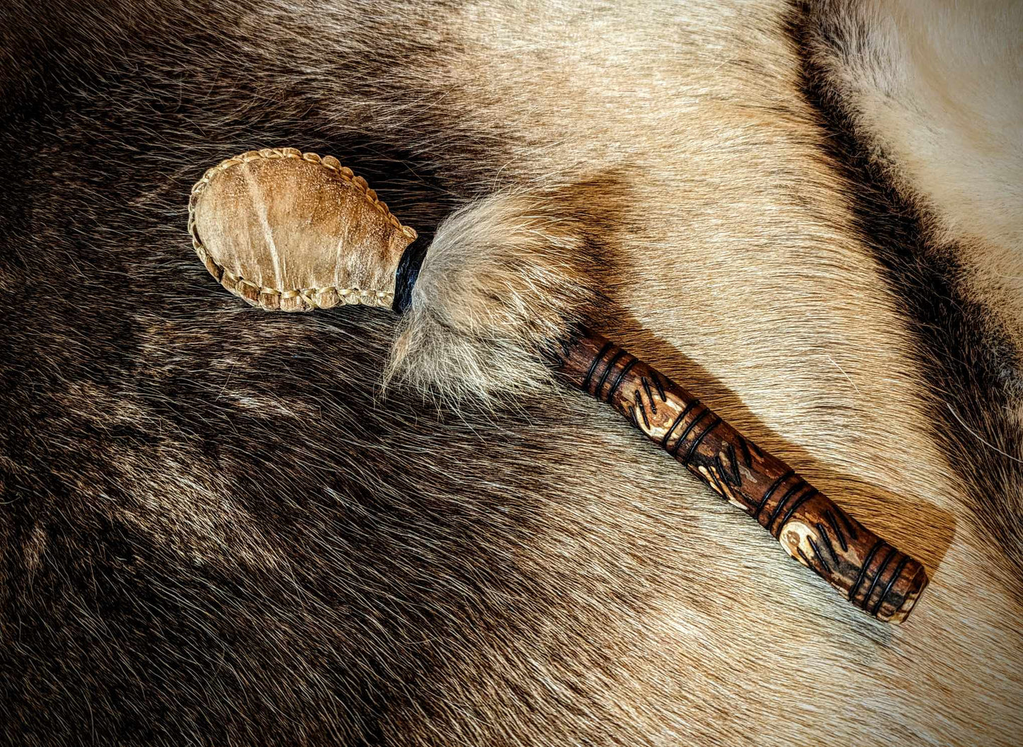 Hand Burned Engraved Deer Hide Coyote Fur Shaman Rattle