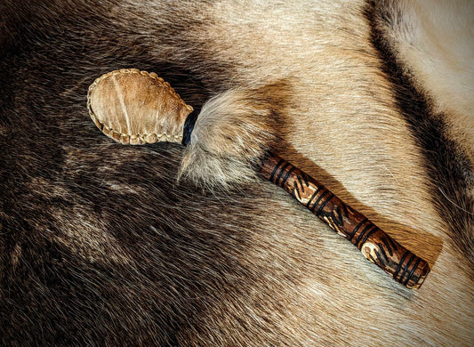 Hand Burned Engraved Deer Hide Coyote Fur Shaman Rattle
