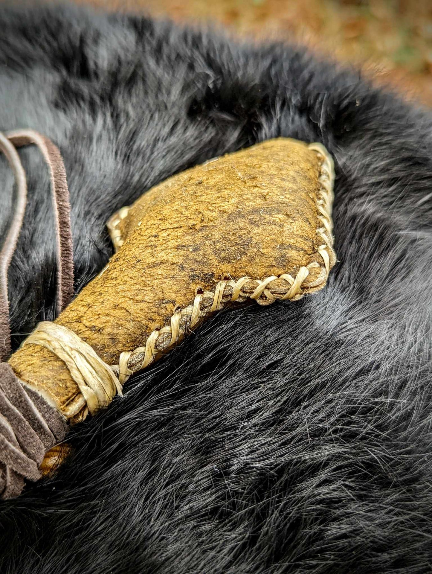 Bear Hide Arrow Shaman Rattle Deer Bone Handle Wood Beaded With Duck Feathers