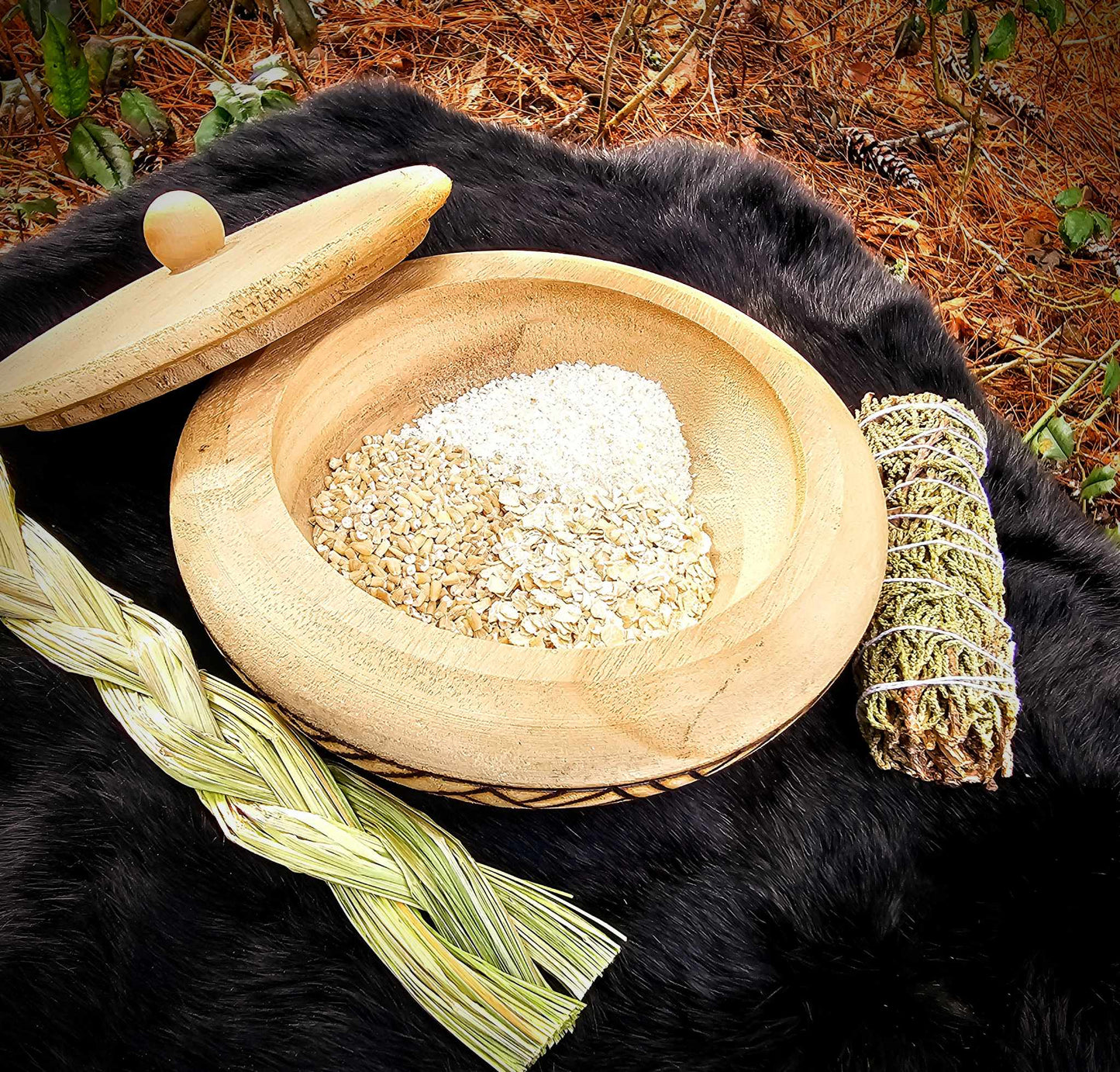 Hand Burned Woven Band Bowl With Lid