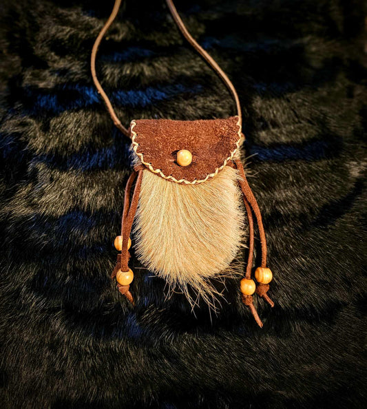 Hair On Cowhide and Suede Leather Pouch With Wood Beads