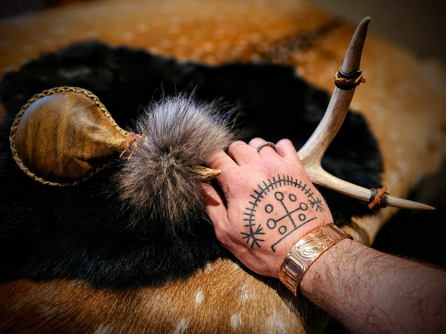 Antler Shed Bison Hide Wolf Fur Rattle