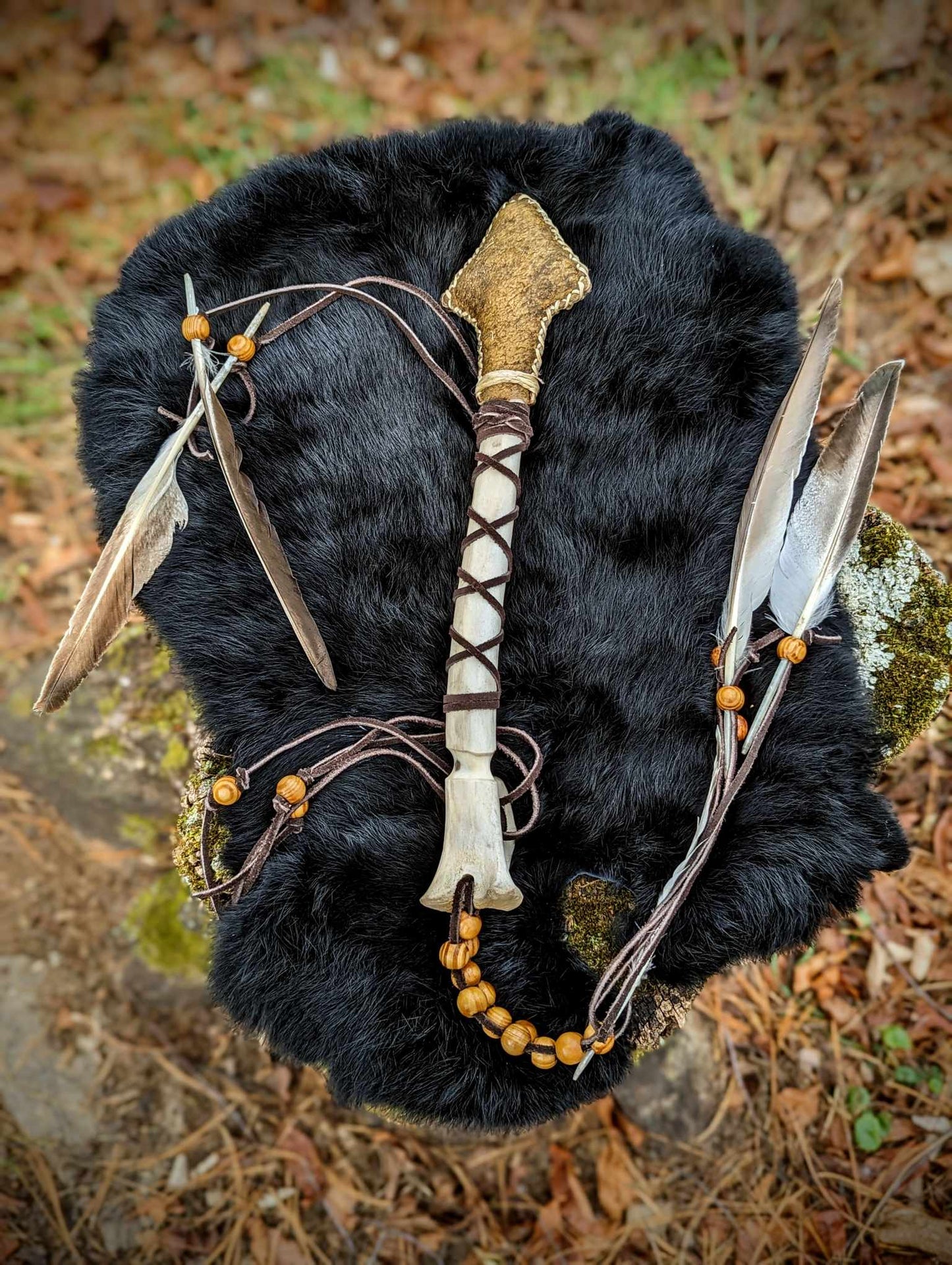 Bear Hide Arrow Shaman Rattle Deer Bone Handle Wood Beaded With Duck Feathers