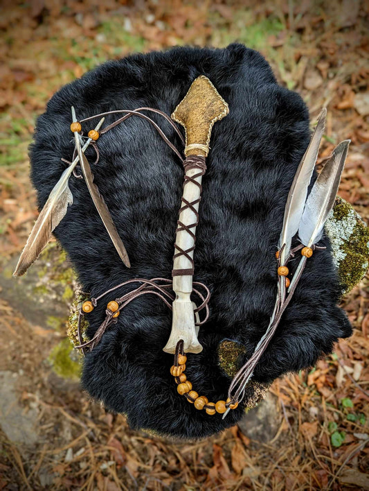 Bear Hide Arrow Shaman Rattle Deer Bone Handle Wood Beaded With Duck Feathers