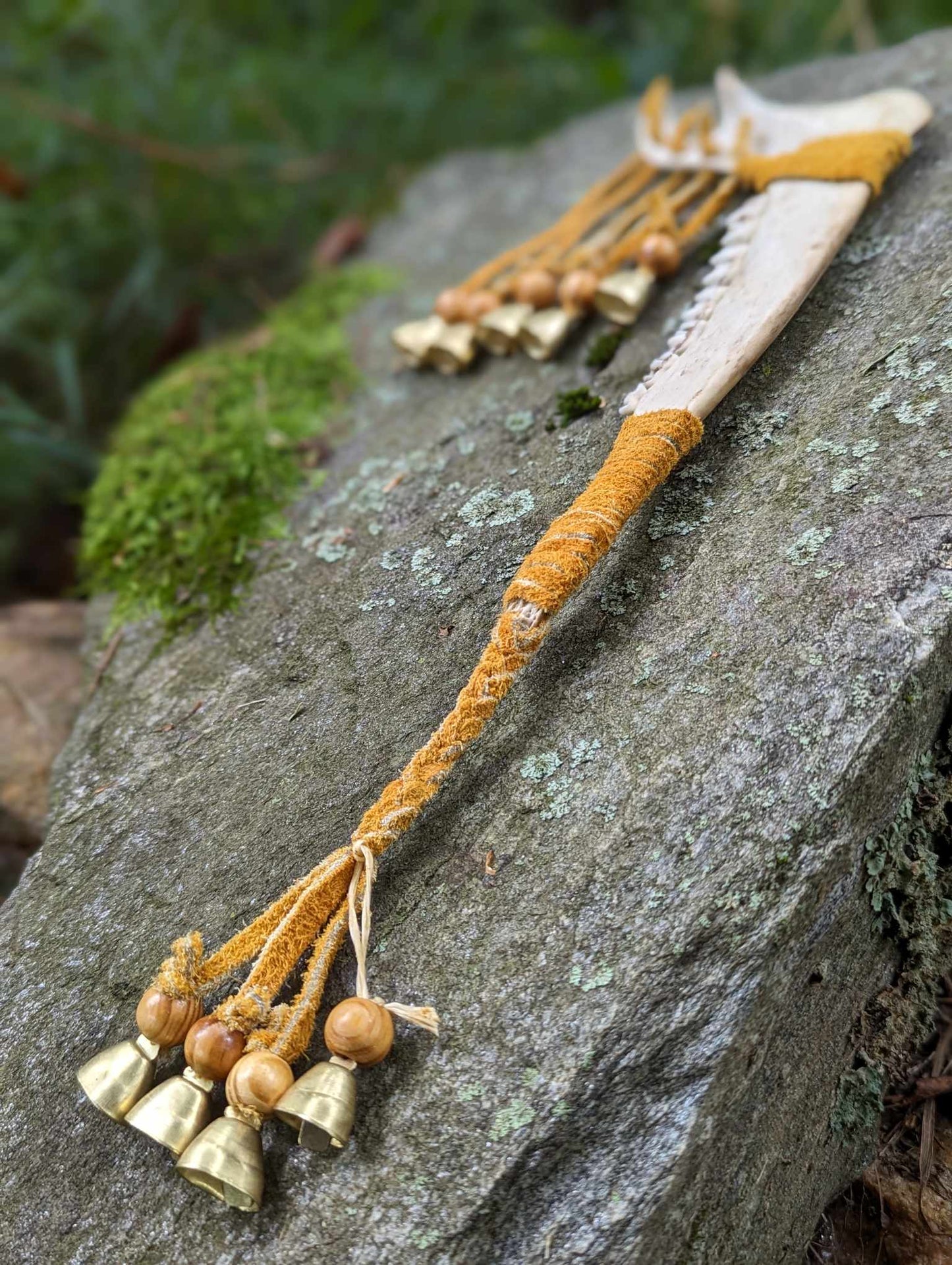 Deer jaw, buckskin, wood bead, 9 bells meditation rattle