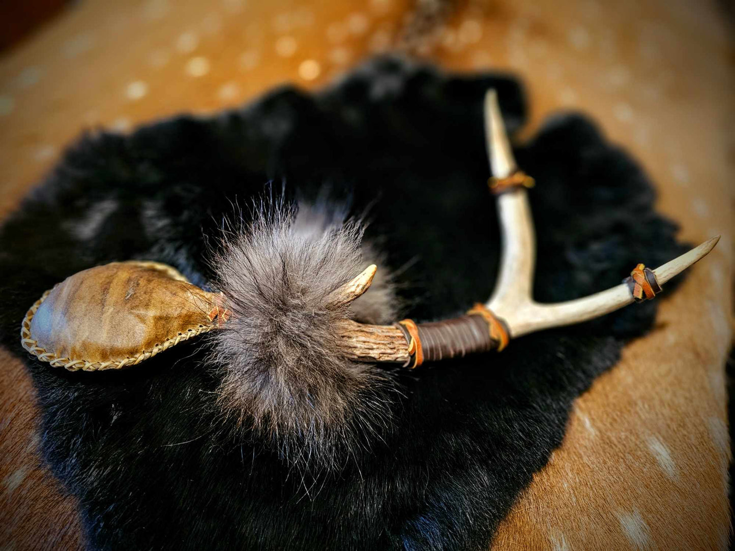 Antler Shed Bison Hide Wolf Fur Rattle